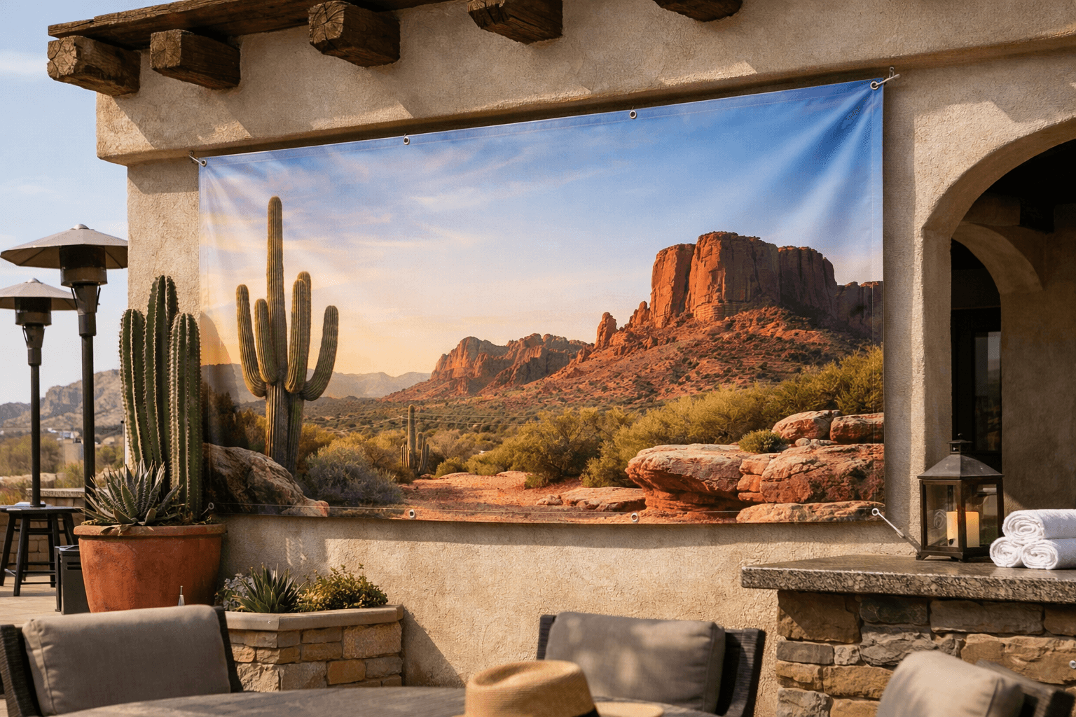 Custom banner installed in a simple Arizona event setting with warm natural light