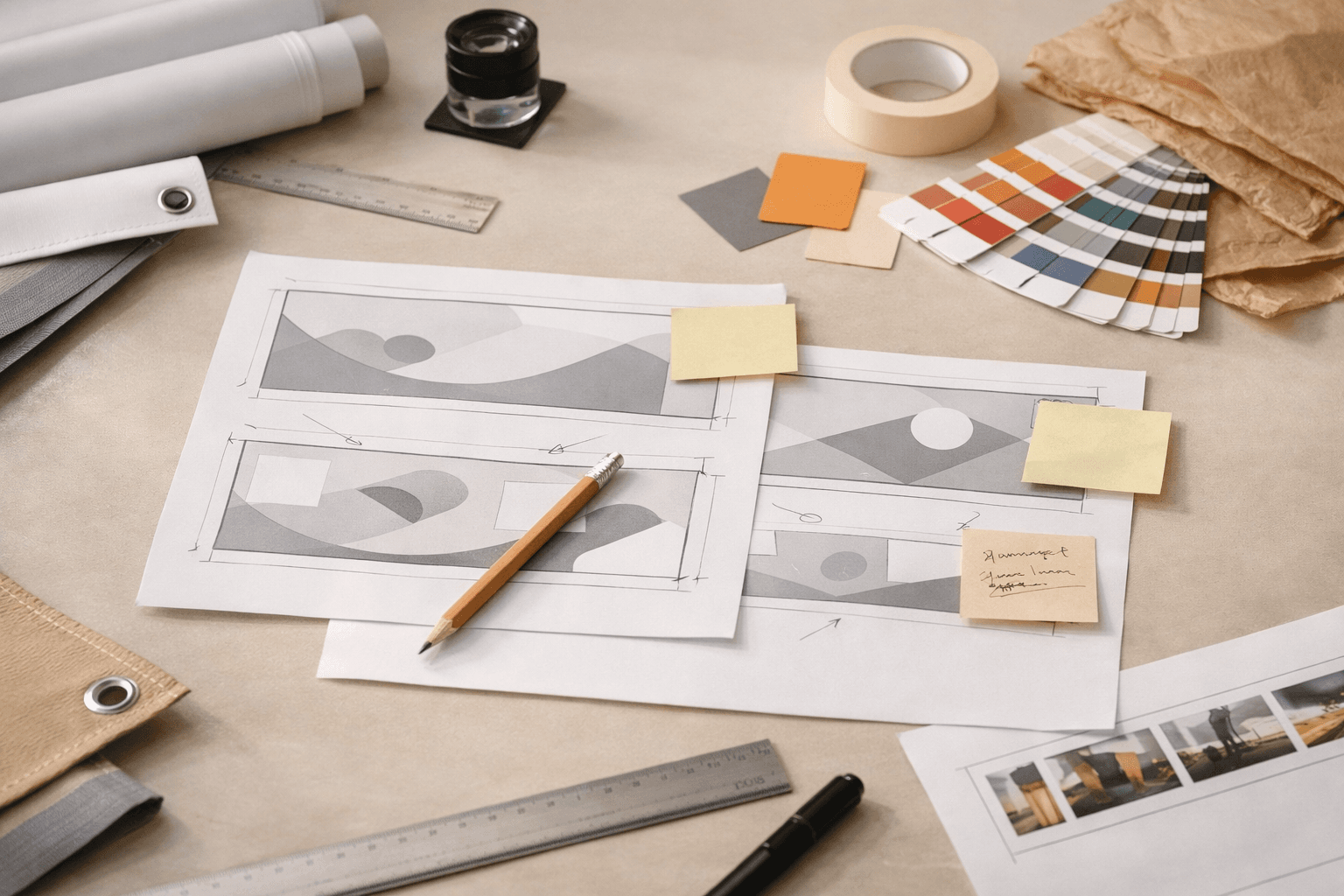 Banner layout draft, color swatches, and proof notes on a warm neutral desk