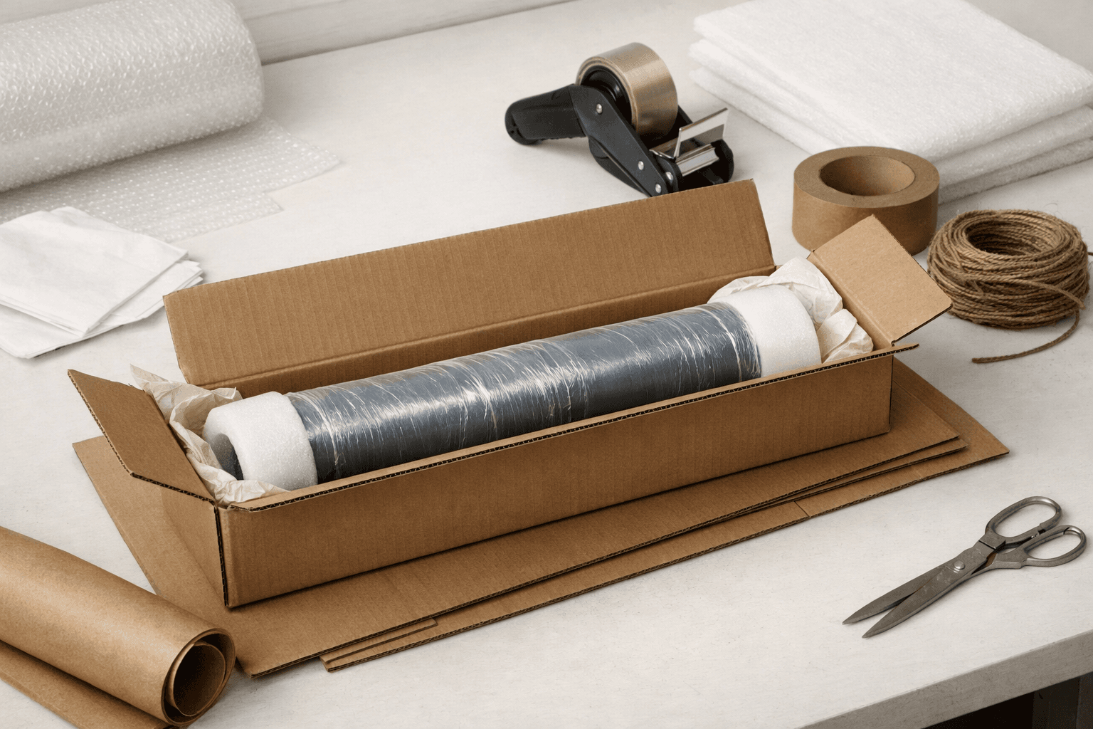 Packed banner roll and clean shipping materials prepared on a table