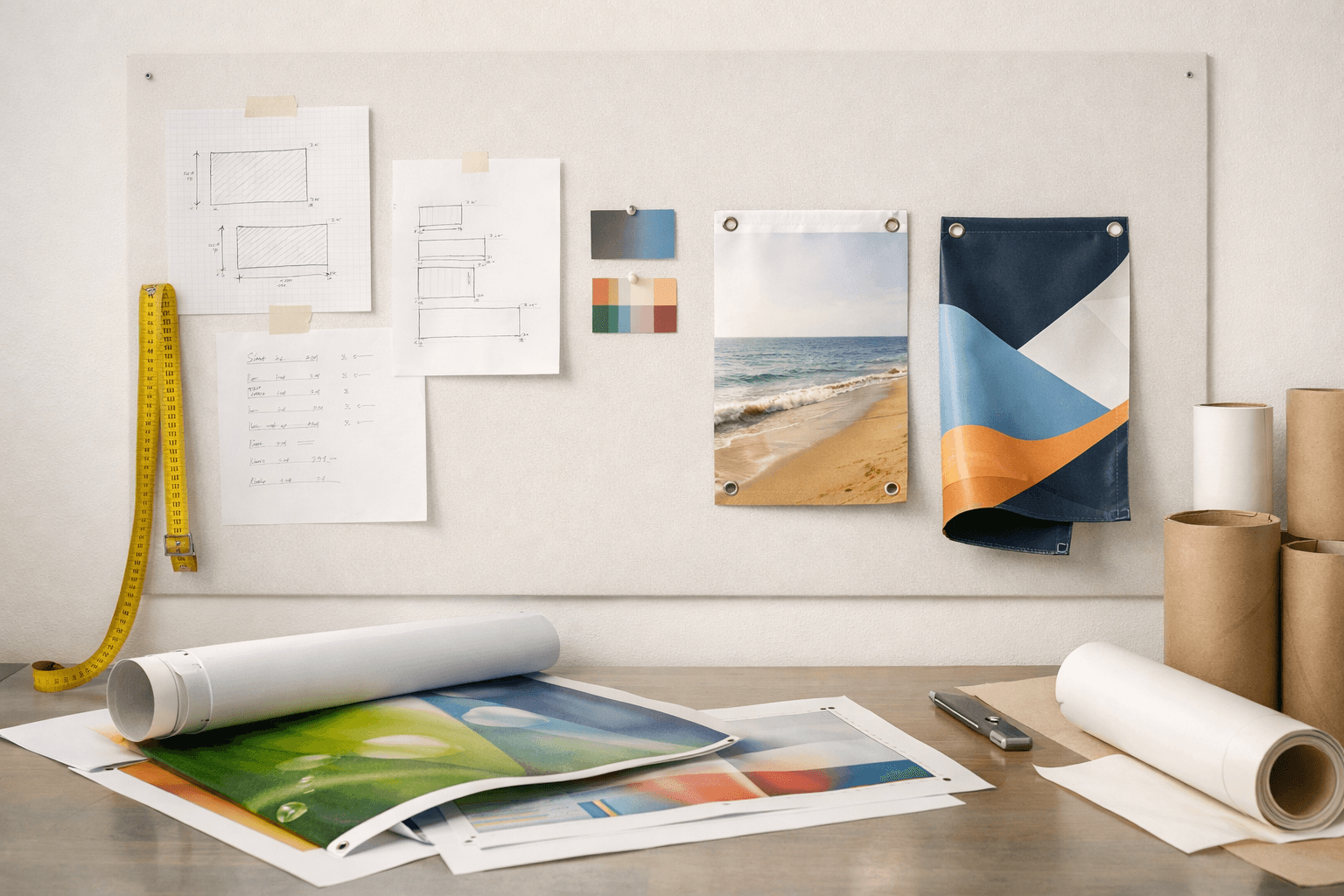 Banner sizing notes, measuring tape, and print samples arranged neatly on a wall board