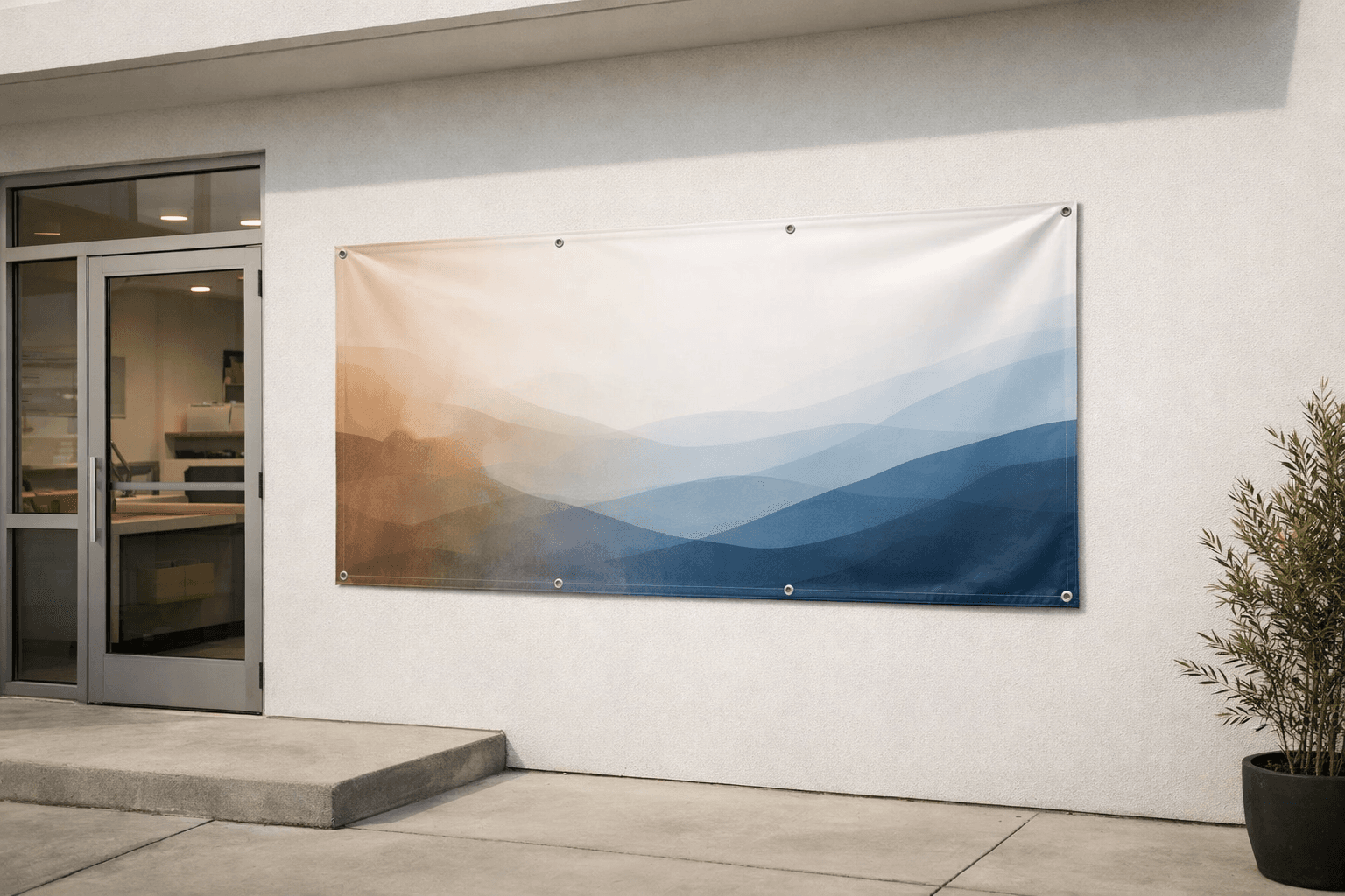Business banner mounted on a clean storefront wall with minimal surroundings
