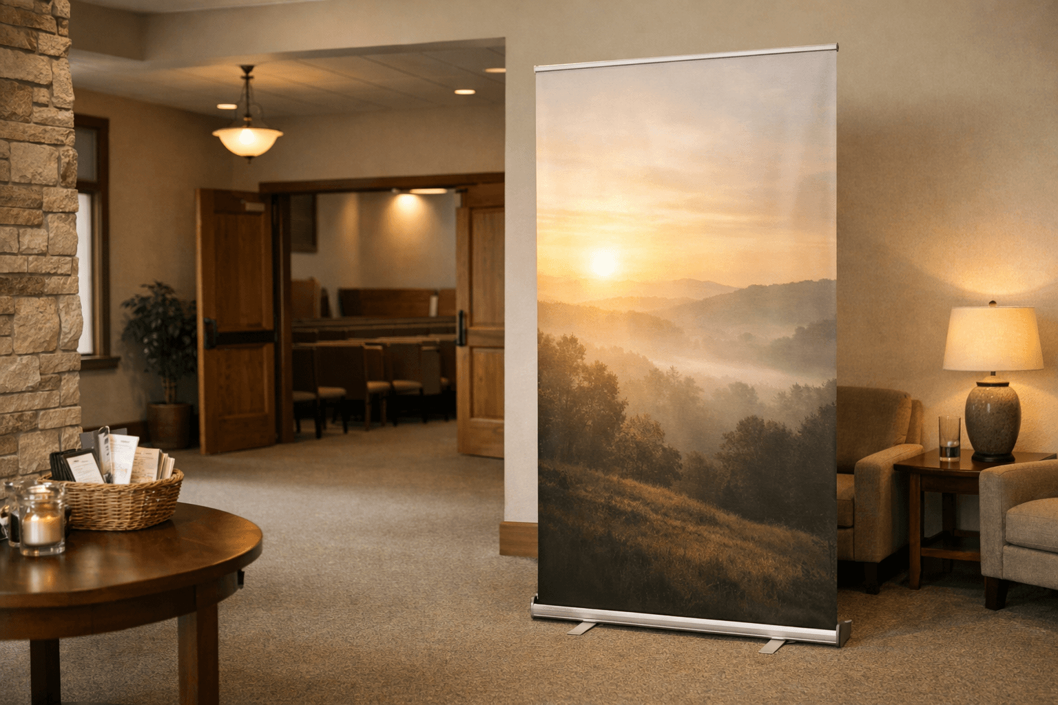 Welcome banner installed in a simple church lobby with warm natural light