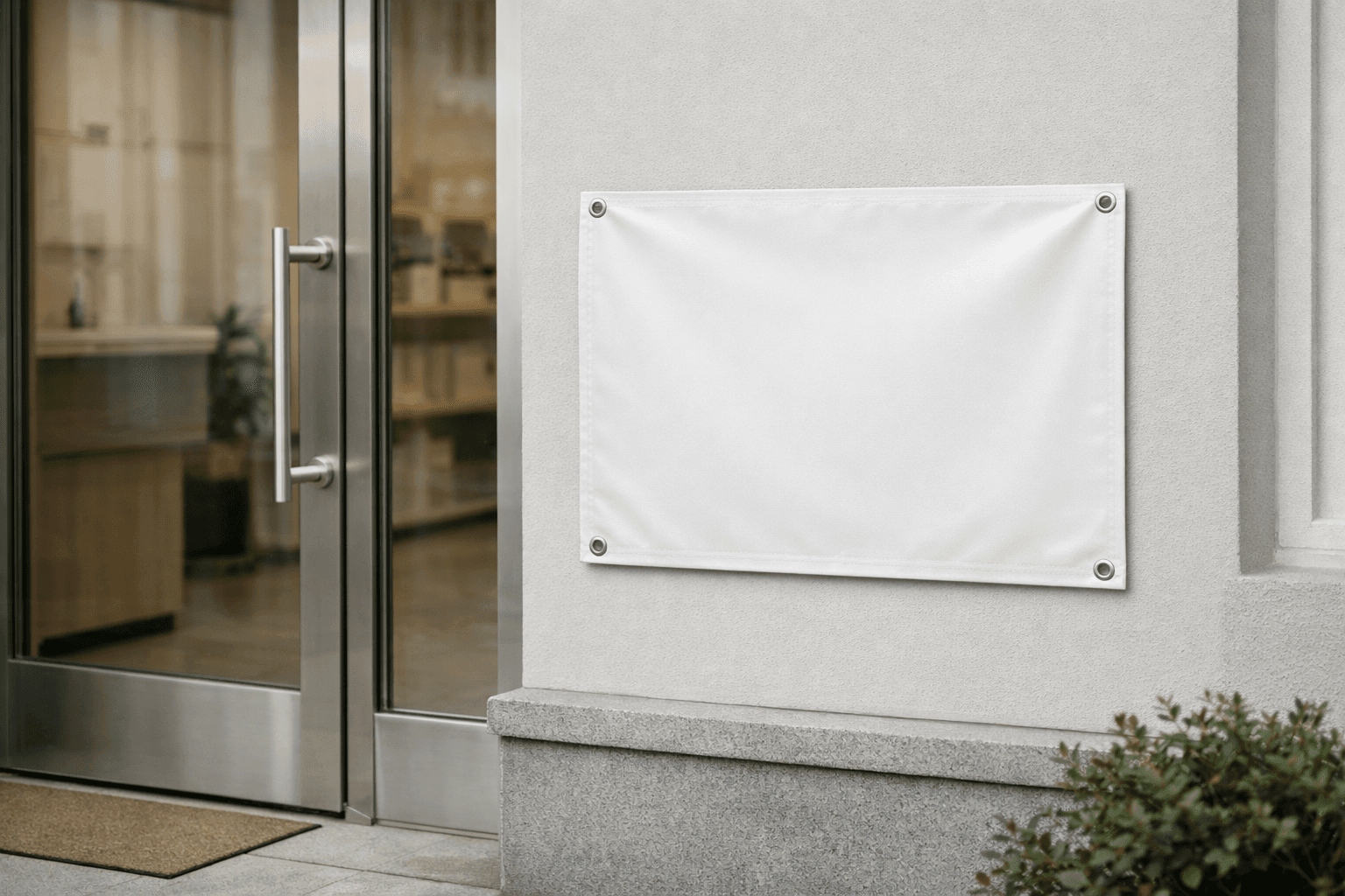 Compact vinyl banner installed on a tidy storefront entry wall