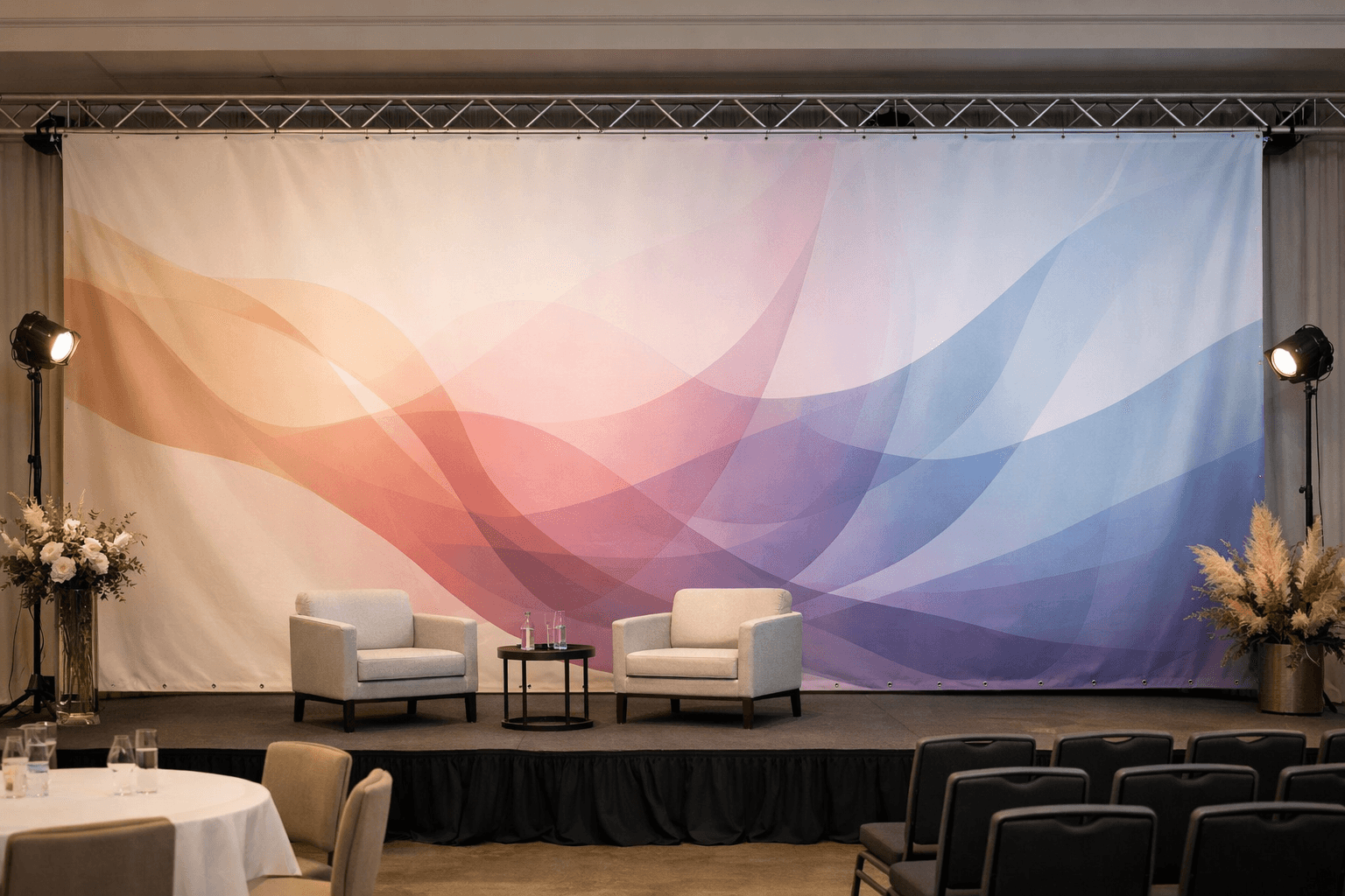 Event banner installed as a clean branded backdrop in soft light