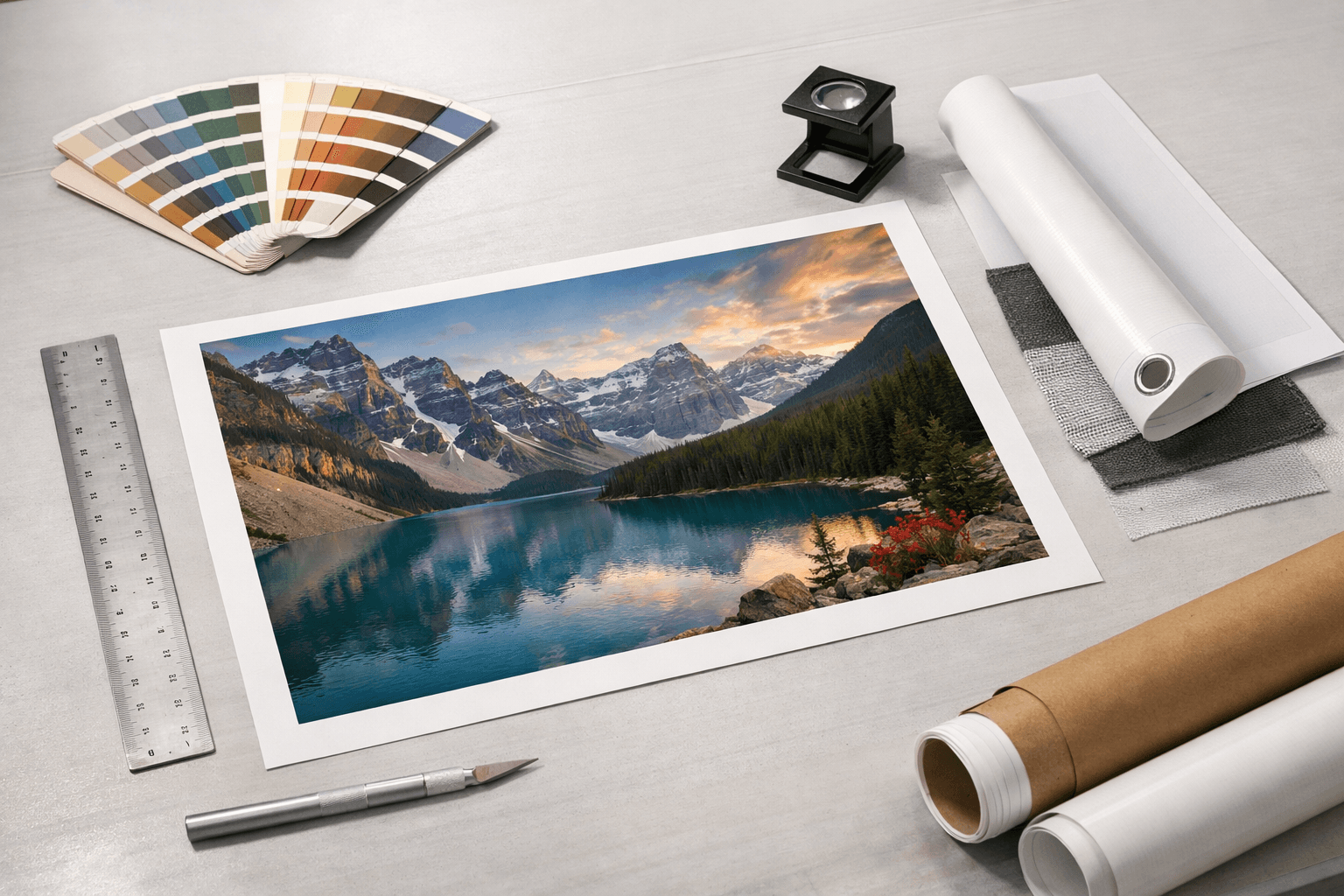 Print proof, ruler, and banner material sample arranged on a clean table