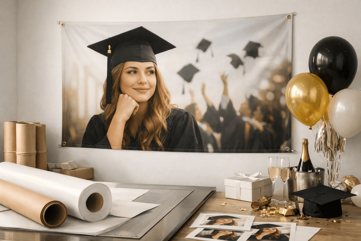 Graduation banner displayed in a simple indoor celebration space