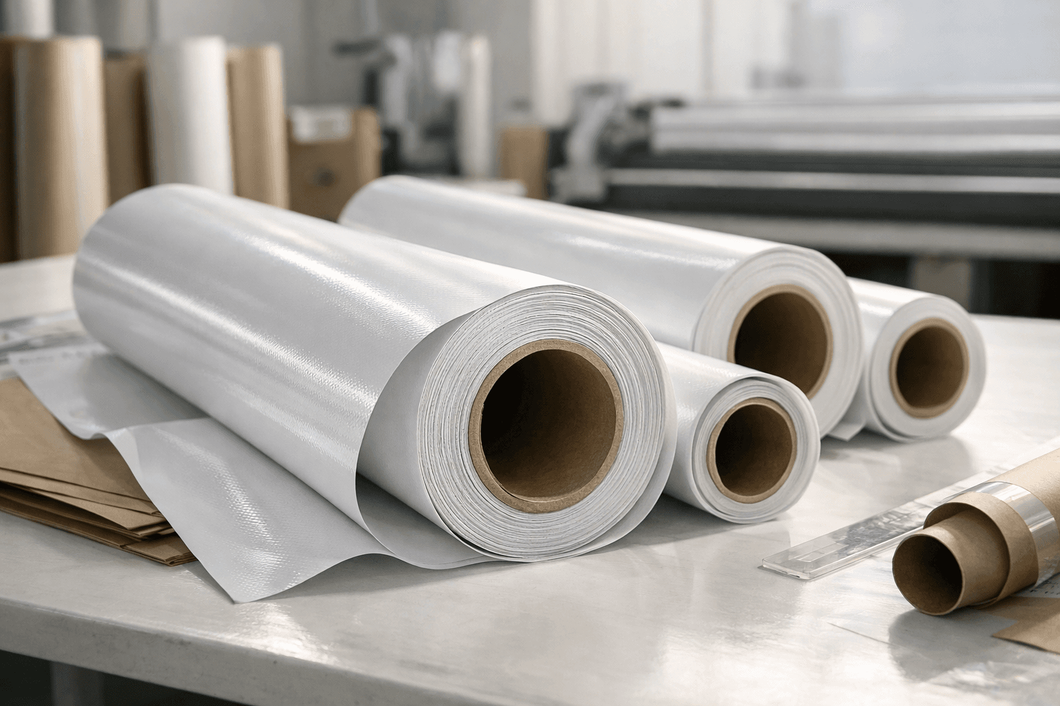 Rolled vinyl banner material on a clean packaging table