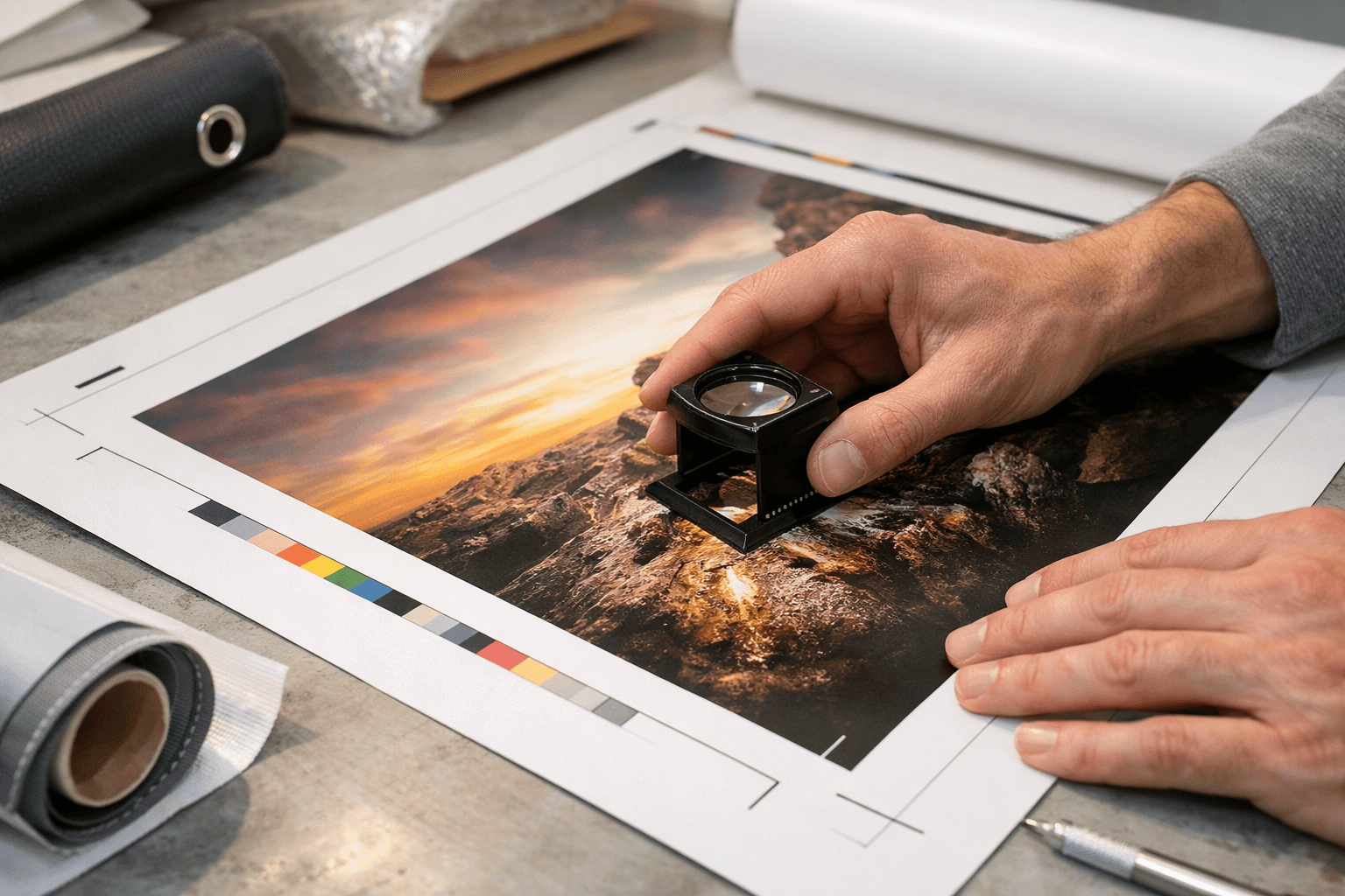 Image quality review for large-format printing with crop marks and proof details