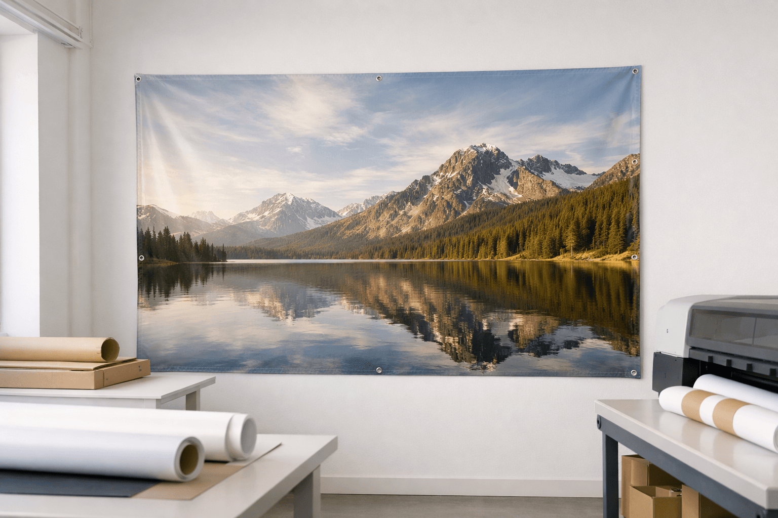 Installed banner photographed in a clean interior setting with natural light
