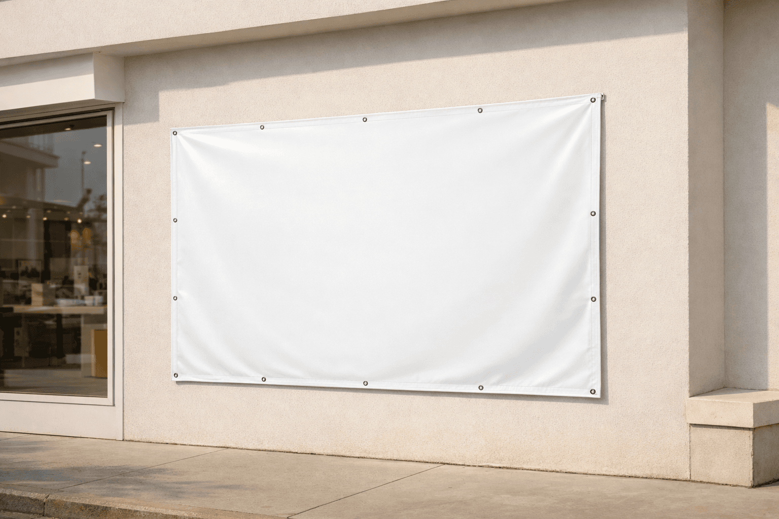 Large custom vinyl banner installed neatly on a light storefront wall
