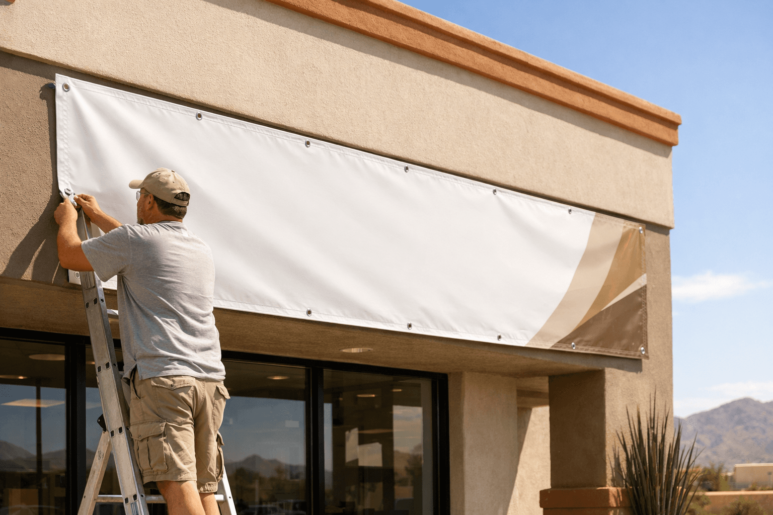 Large custom banner installed outside a clean storefront in bright desert light