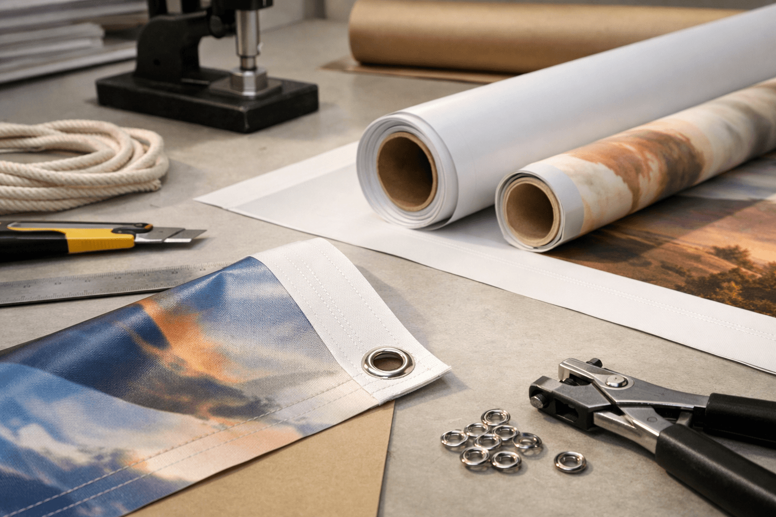 Large-format print studio detail with banner material, tools, and soft shadows