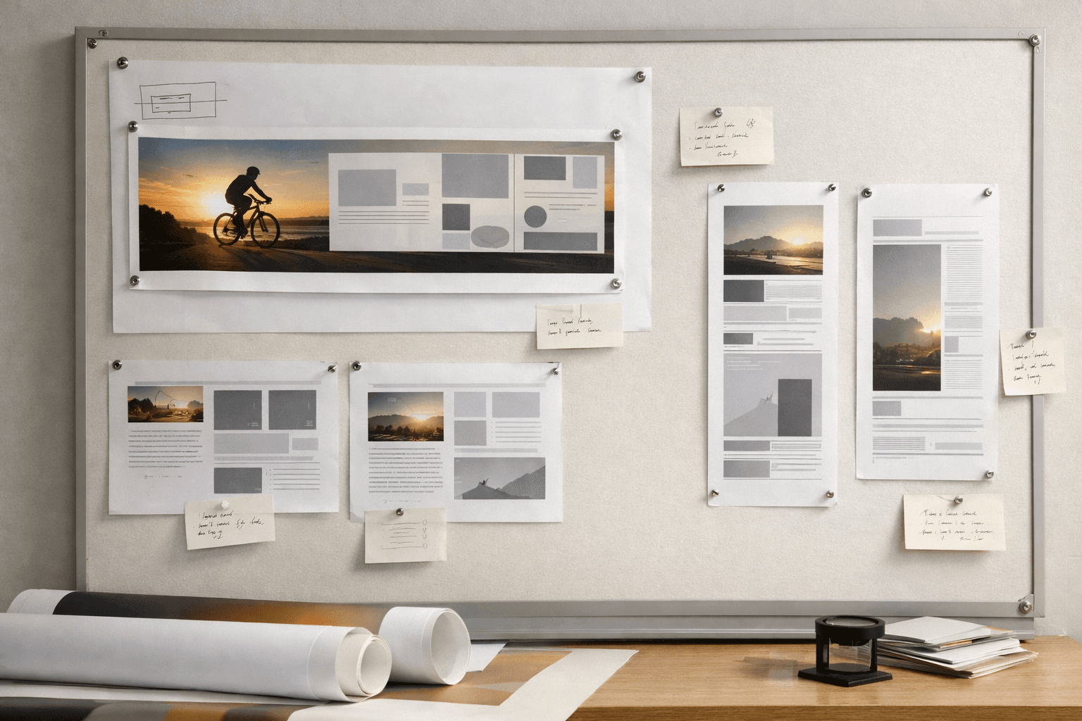 Pinned banner proof board with restrained layout notes and clean studio light