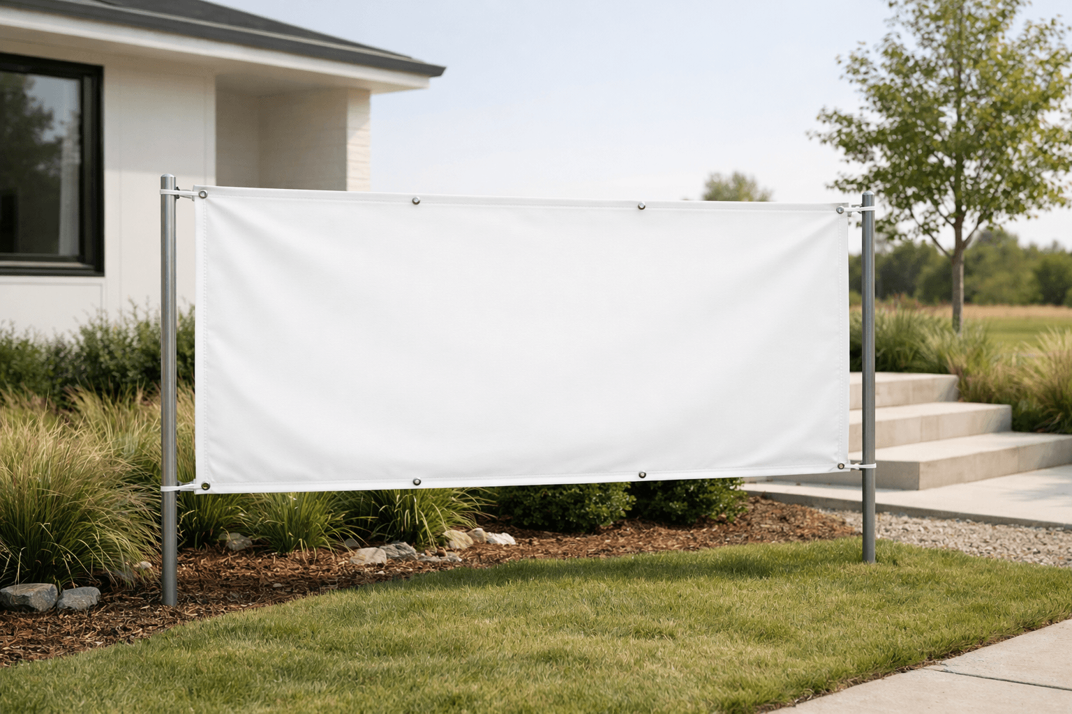 Real estate banner installed outdoors in a clean property setting