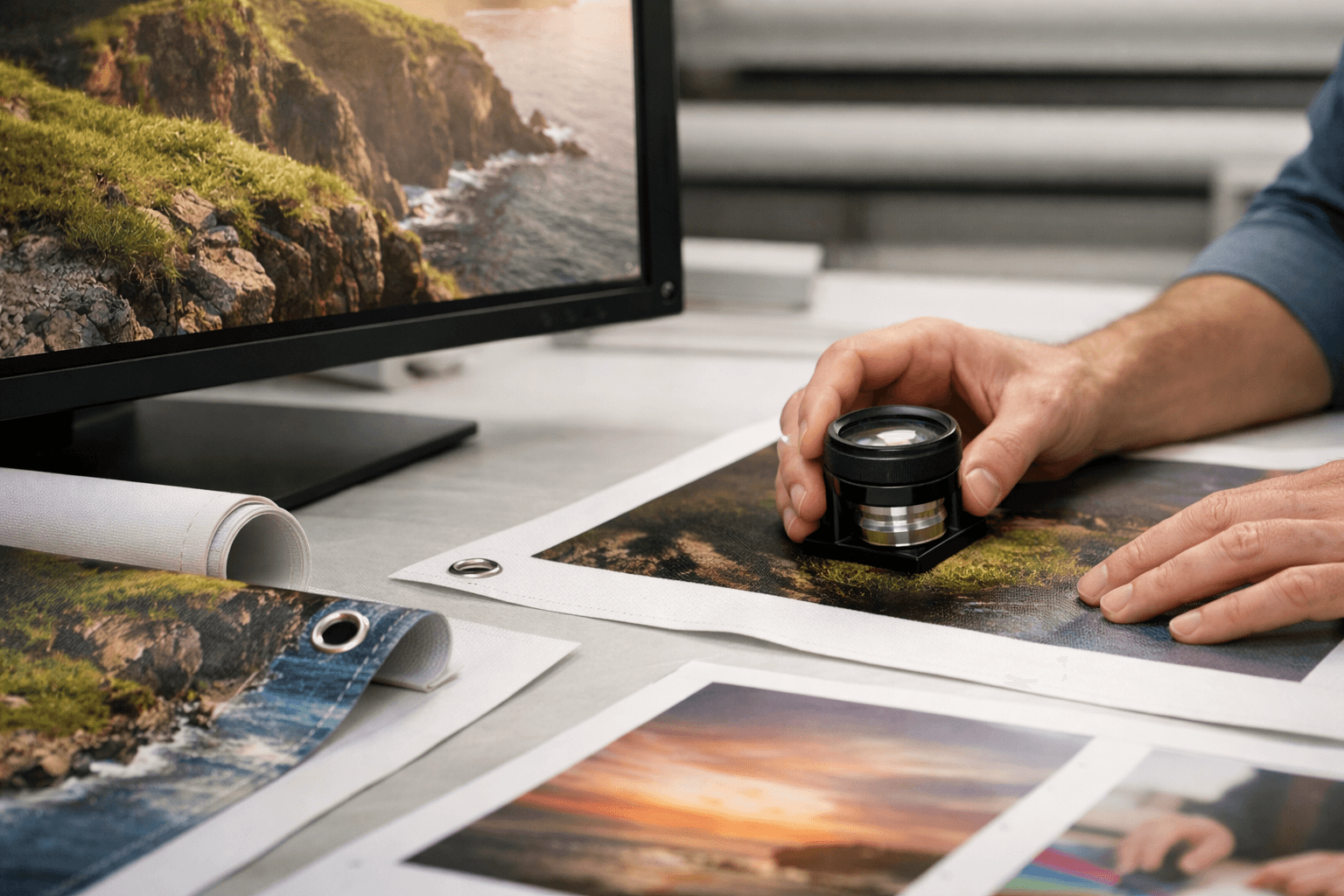 Close-up of a print proof review with image details on screen and material samples nearby