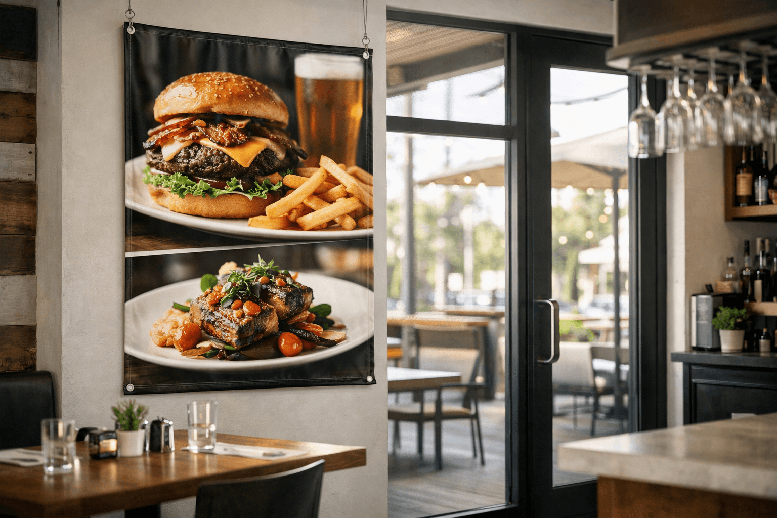 Restaurant promotion banner installed near a bright storefront window