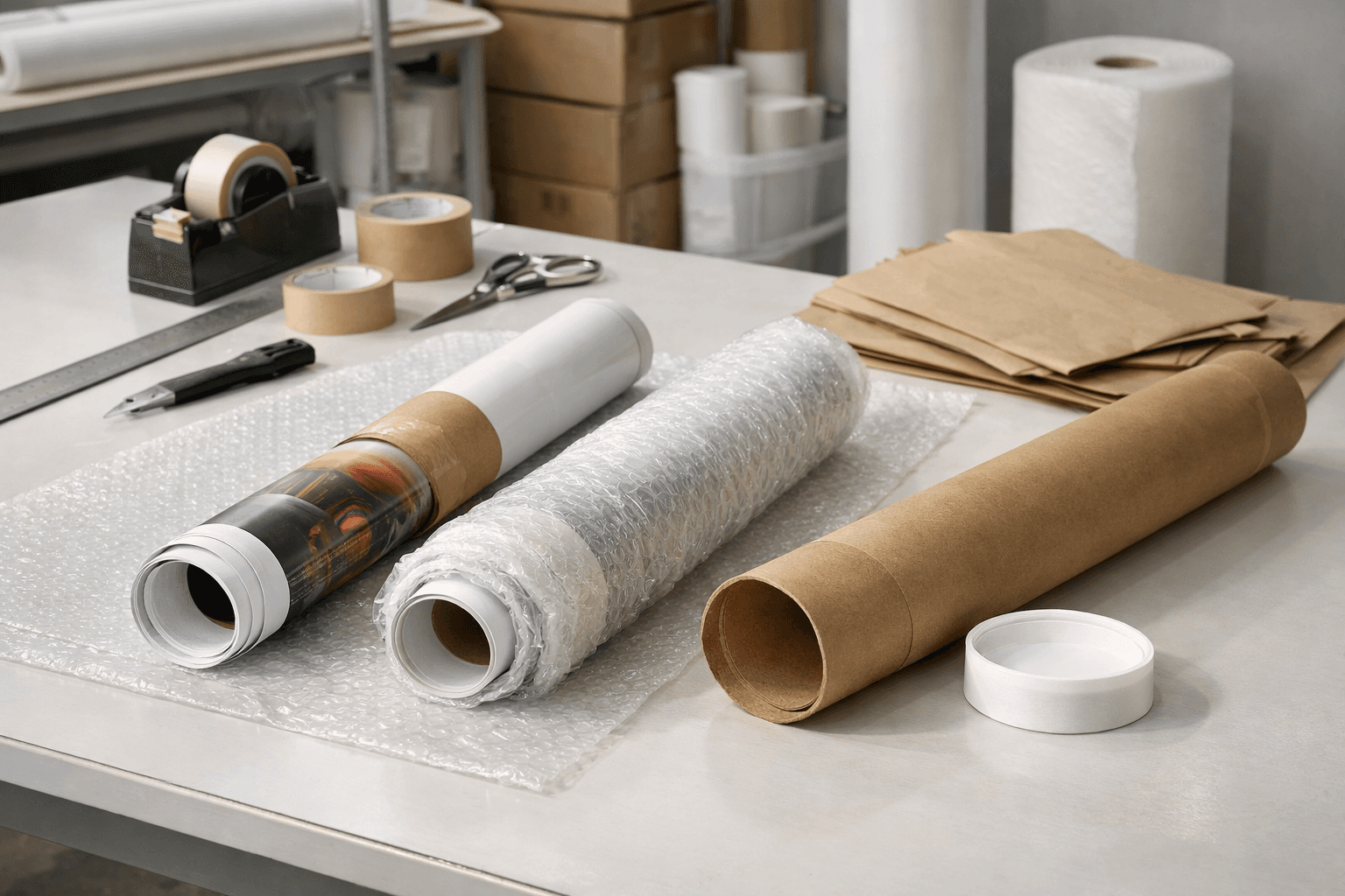 Banner packaging supplies and rolled prints on a light work surface