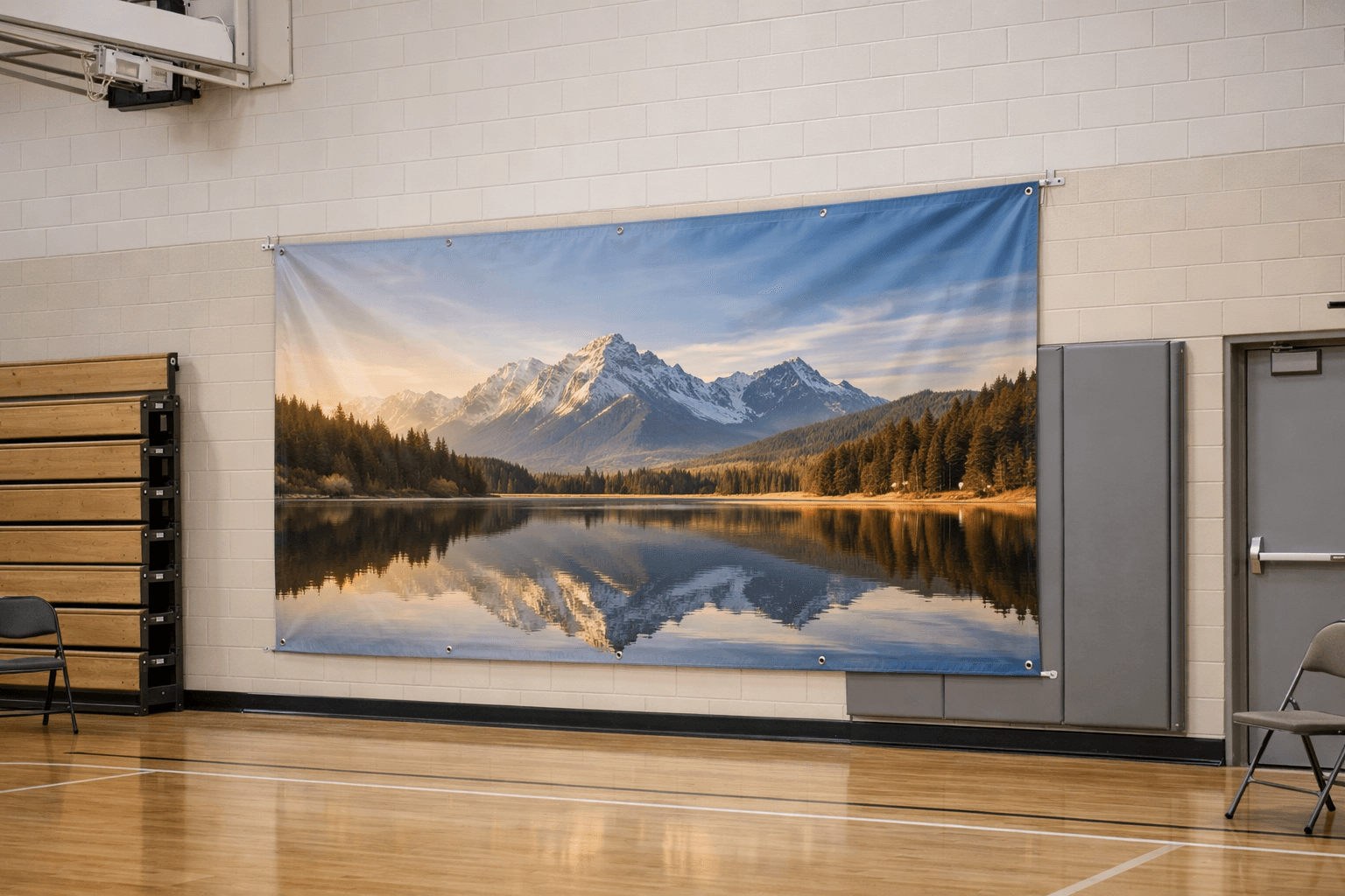 School banner displayed in a clean gym or event space with open room around it